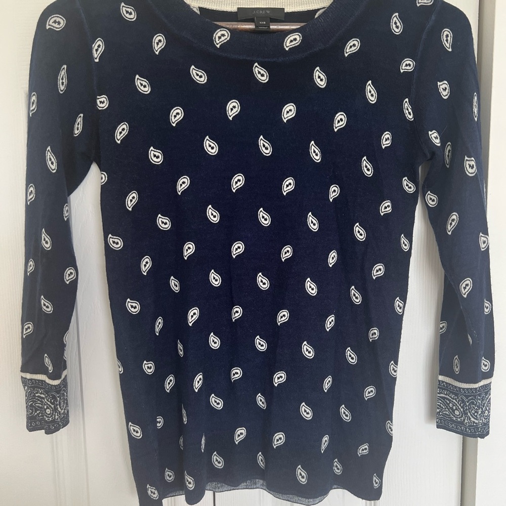 J. crew Navy Blue Paisley Sweater merino wool size xs